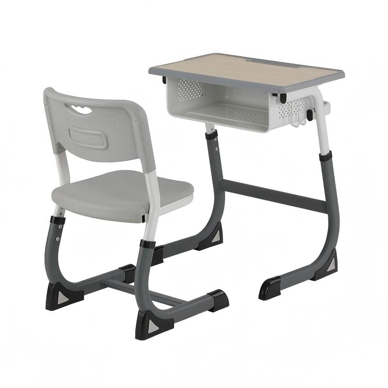 Adjustable Metal School Desk and Chair Set with Side Hook Durable Grey White Study Table with Storage Ergonomic Kids Furniture